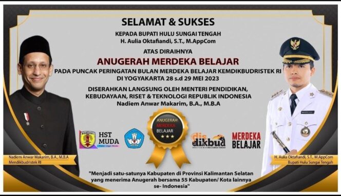 
 Bupati Aulia dijadwalkan akan menerima penghargaan Anugerah Merdeka Belajar dari Mendikbud RI Nadiem di Yogyakarta, 28-29 Mei 2023 mendatang.