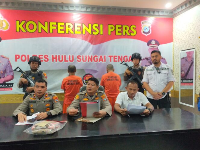 
 Konfrensi Pers kasus pencabulan anak kandung 15 tahun hingga hamil di Makopolres HST, Senin (5/6/2023).